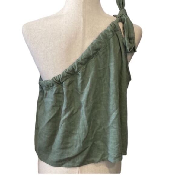 Crescent green linen blend one shoulder drawstring top S - Picture 4 of 10